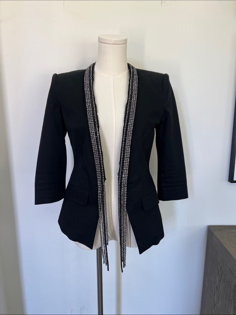 BCBGMaxAzria Black Beaded-Trim Open Blazer